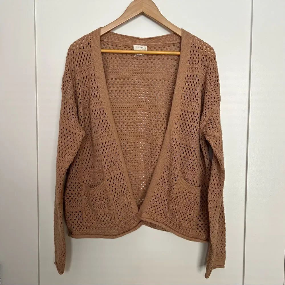 Artelier by Nicole Miller Cardigan Womens XL Brown Tan Knit Crochet Open Front